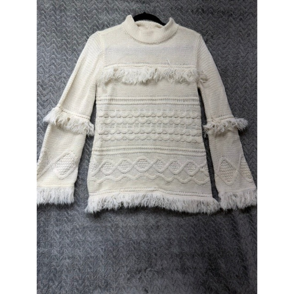 BB Dakota Cream Cable Knit Fringe Mock Neck Sweater Ivory BH406265 Size M 0692